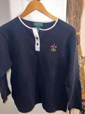 Ralph Lauren Navy and White Henley Collar Top